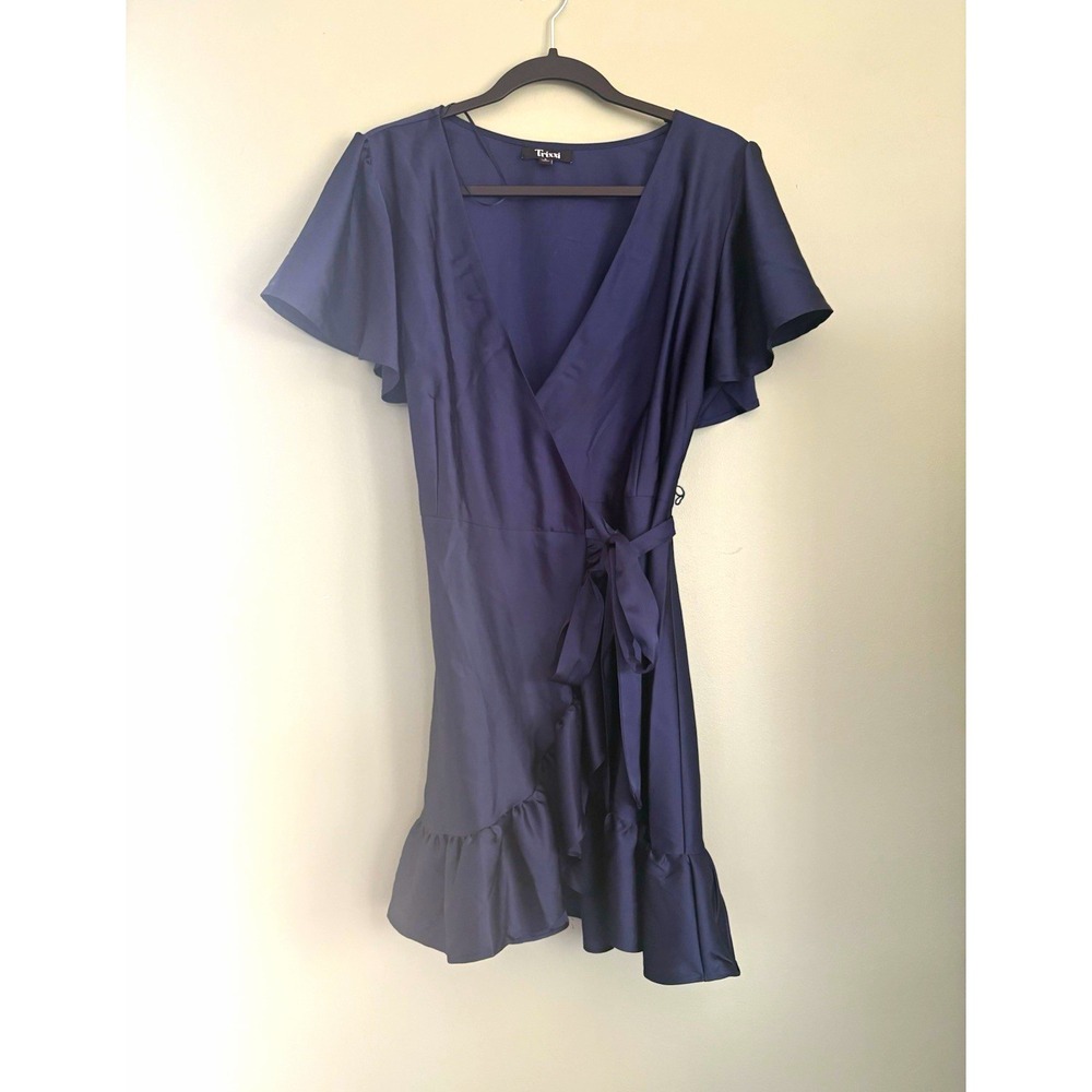 Trixxi Women's Blue Wrap Dress V-Neck Flutter Sleeve Tie Waist Ruffle L